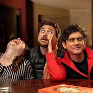 A group of three friends at a table: one laughing with head 