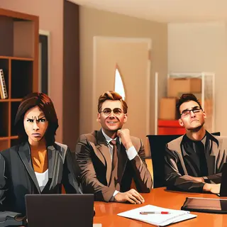 Three coworkers in a meeting: one looking frustrated with fu