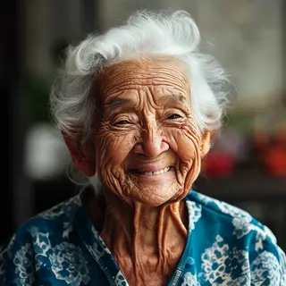 An elderly woman in her 80s with deep wrinkles and white hai