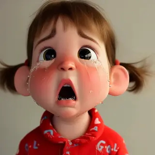 A 5-year-old child with round cheeks and large eyes, crying 