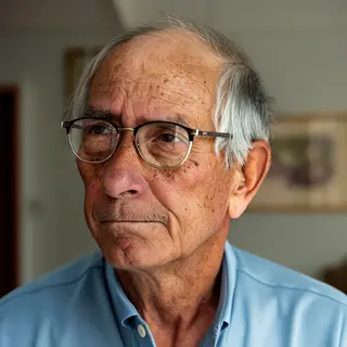 An elderly man in his 70s with age spots and thinning gray h