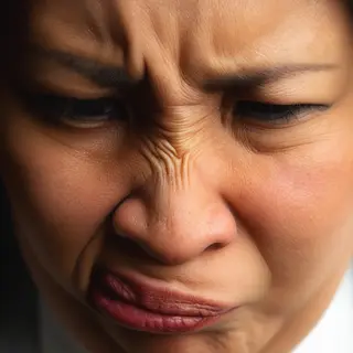 A close-up of a person's face showing clear disgust, nose wr
