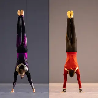 Two gymnasts performing a synchronized handstand, side by si