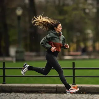 A woman mid-stride running through a park, hair and clothes 