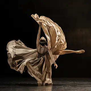 A dancer in a dynamic spin, dress flowing outward with one l