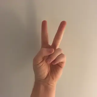 A person making a peace sign with their right hand, clearly 