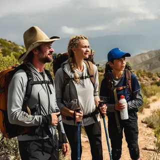 Three hikers on a trail: a man with a backpack and sunhat, a