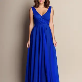 A woman wearing a royal blue evening dress against a neutral