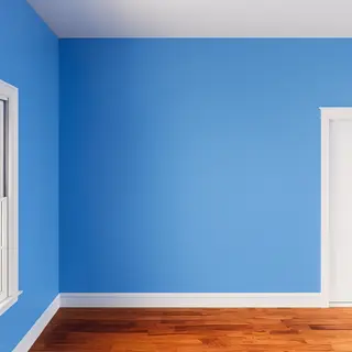 A room with walls in #4A90D9 (medium blue) with warm wooden 
