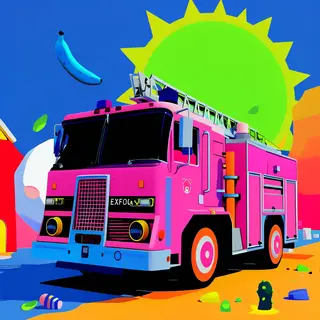 A pink fire truck, a blue banana, and a green sun in a surre