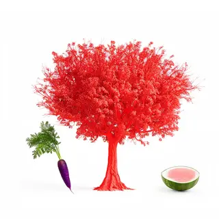 A purple carrot, a red tree with red leaves, and a white wat