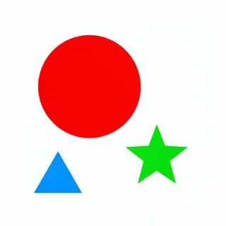 A large red circle, a small blue triangle, and a medium gree