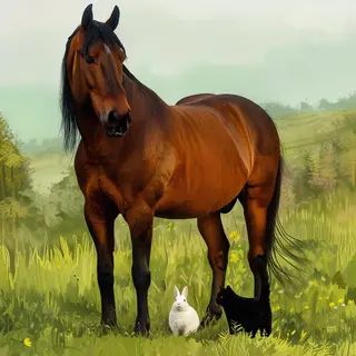 A big brown horse, a small white rabbit, and a medium-sized 