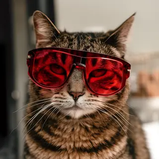 A tabby cat wearing oversized red sunglasses