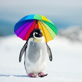 A penguin holding a colorful umbrella