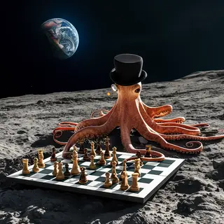 An octopus wearing a top hat and monocle playing chess on th