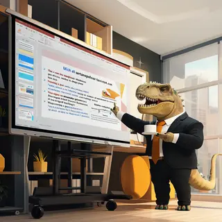 A dinosaur in a business suit giving a PowerPoint presentati
