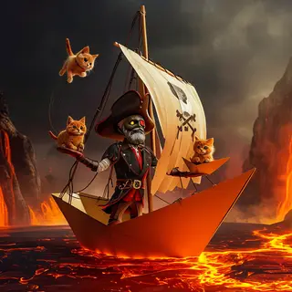 A robot dressed as a pirate sailing a paper boat on a lake o