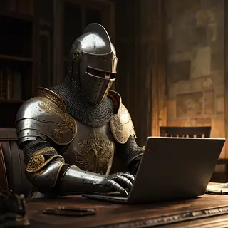 A medieval knight in full armor sitting at a desk typing on 