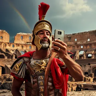 A Roman gladiator taking a selfie with a smartphone in the C