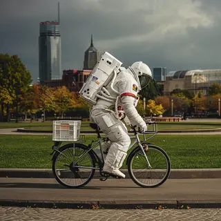 An astronaut in a spacesuit riding a bicycle through a park