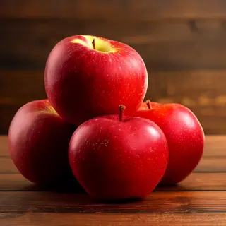 Exactly 3 red apples arranged on a wooden table