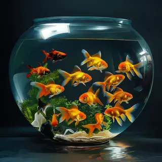 Exactly 9 goldfish swimming in a large round fishbowl