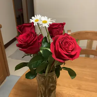 4 red roses and 2 white daisies in a glass vase on a table