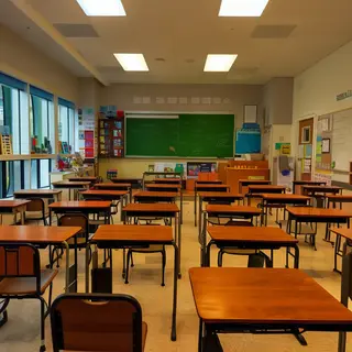 A classroom with desks and a chalkboard but no students
