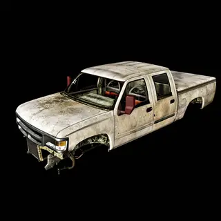 A car body with windows, doors, and headlights but no wheels