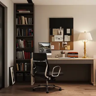 An office workspace with a desk, chair, bookshelf, and lamp 