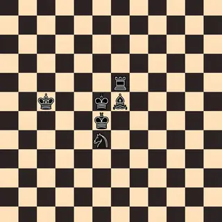 Five chess pieces on a board: a king in the center, a queen 