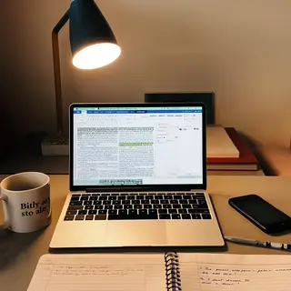A desk scene: laptop in the center, coffee mug to the left, 