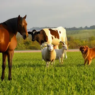 Five animals in a field: a horse on the far left, a cow to t