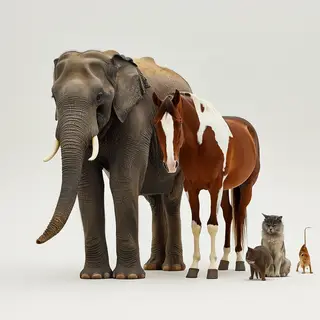 A group photo of an elephant, a horse, a dog, a cat, and a m