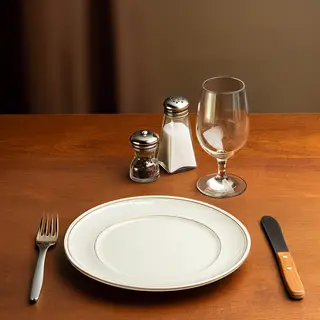 A dinner table scene with a plate, fork, knife, wine glass, 