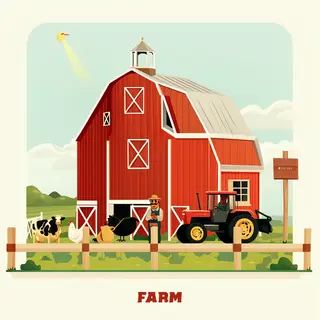 A farm scene with a barn, tractor, farmer, cow, chicken, and
