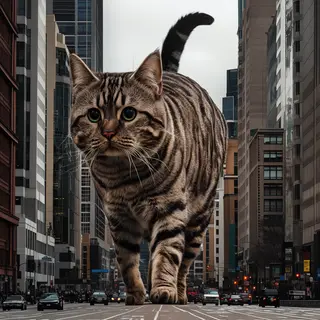 A giant tabby cat walking between city skyscrapers like a ka
