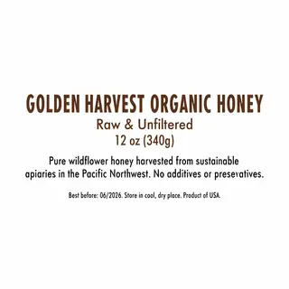 A product label for 'GOLDEN HARVEST ORGANIC HONEY' with subt