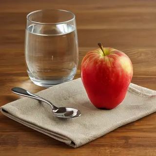 A still life on a wooden table featuring a clear glass of wa