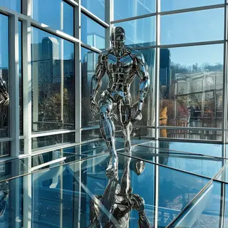 A chrome sculpture in a room with a glass floor and large wi