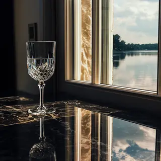 A crystal wine glass on a polished marble counter next to a 