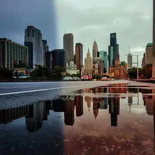 A city skyline reflected in a rain puddle on a street, with 