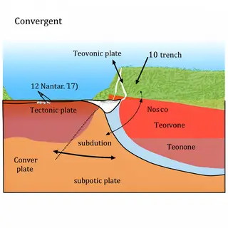 A cross-section showing tectonic plates at a convergent boun