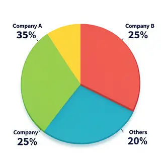 A pie chart showing market share: Company A 35%, Company B 2