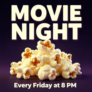 A movie night poster with a large popcorn image in the cente