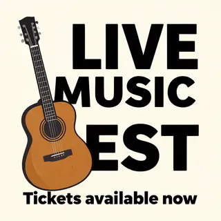 An event poster featuring a guitar illustration, the headlin