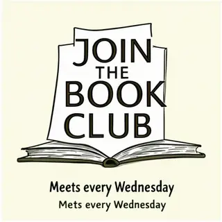 A book club poster with an open book illustration, the title
