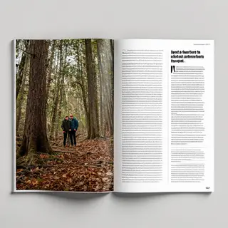 A magazine double-page spread with a left page containing a 