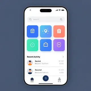 A mobile app UI mockup showing a dashboard with a top naviga